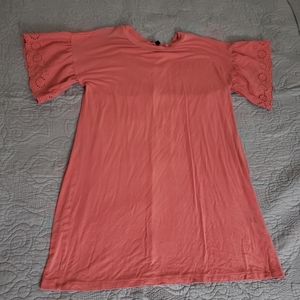 Coral shirt dress with lace sleeves